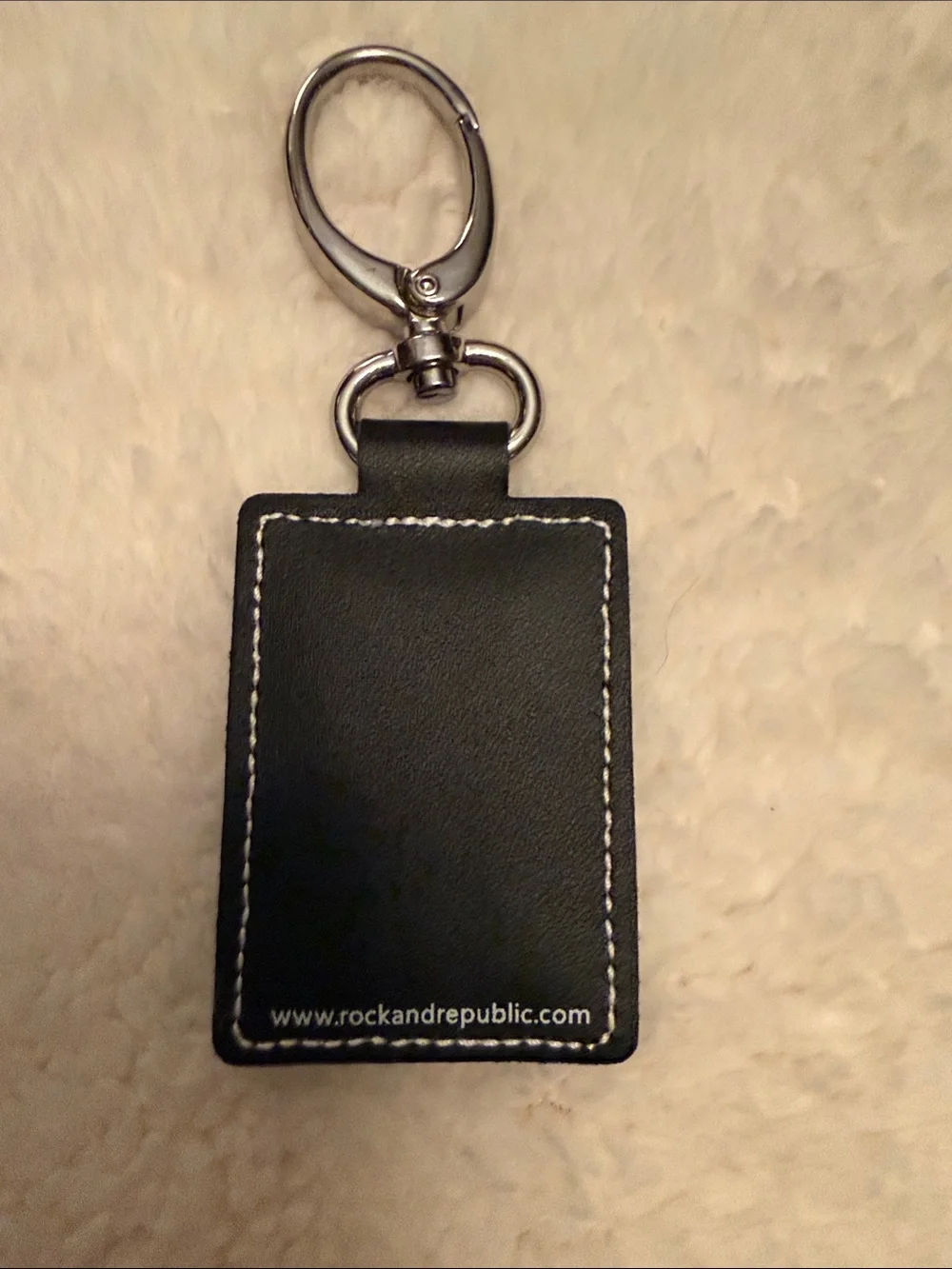 Rock & Republic Black Leather Key Ring Chain Fob with Embossed Skull Motif